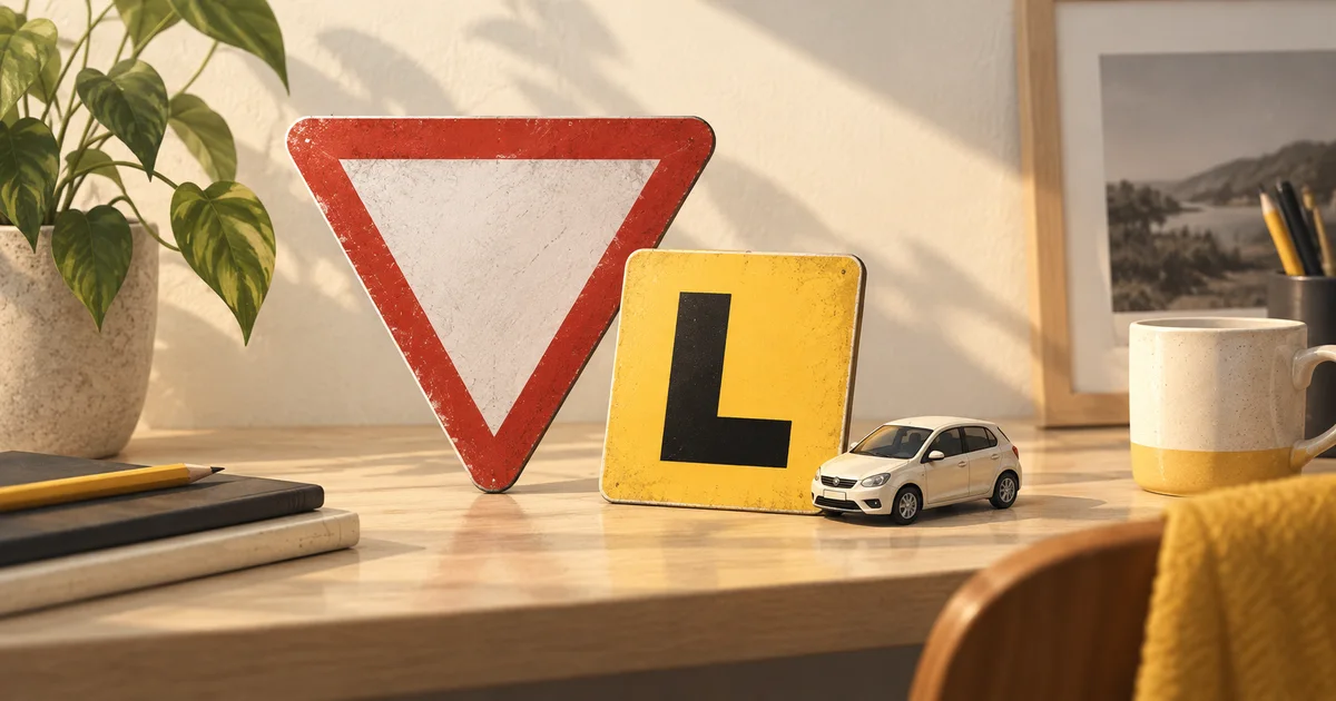 Give way sign, learner plate and miniature car