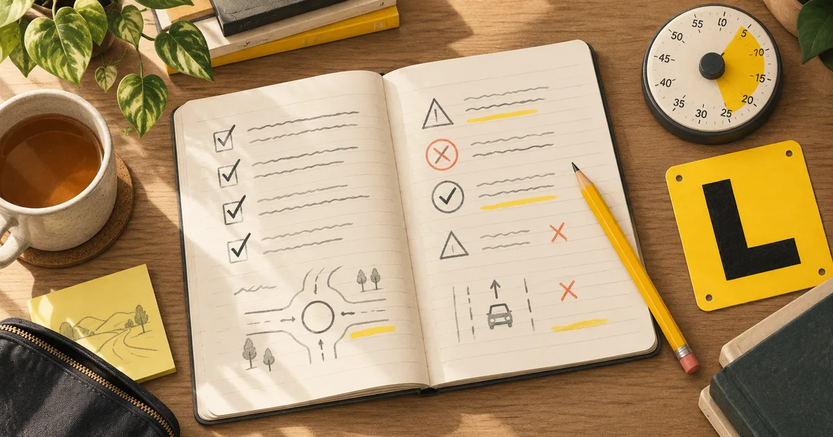 Mock test study notebook, pencil, timer and learner plate