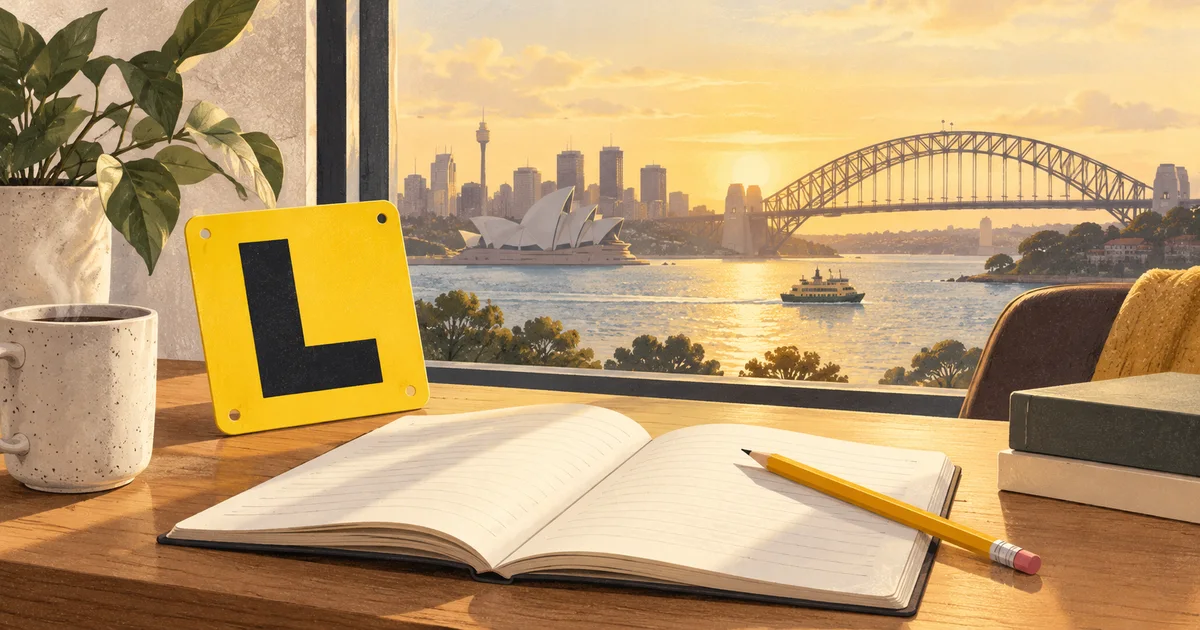 Yellow learner plate and study notebook overlooking Sydney Harbour