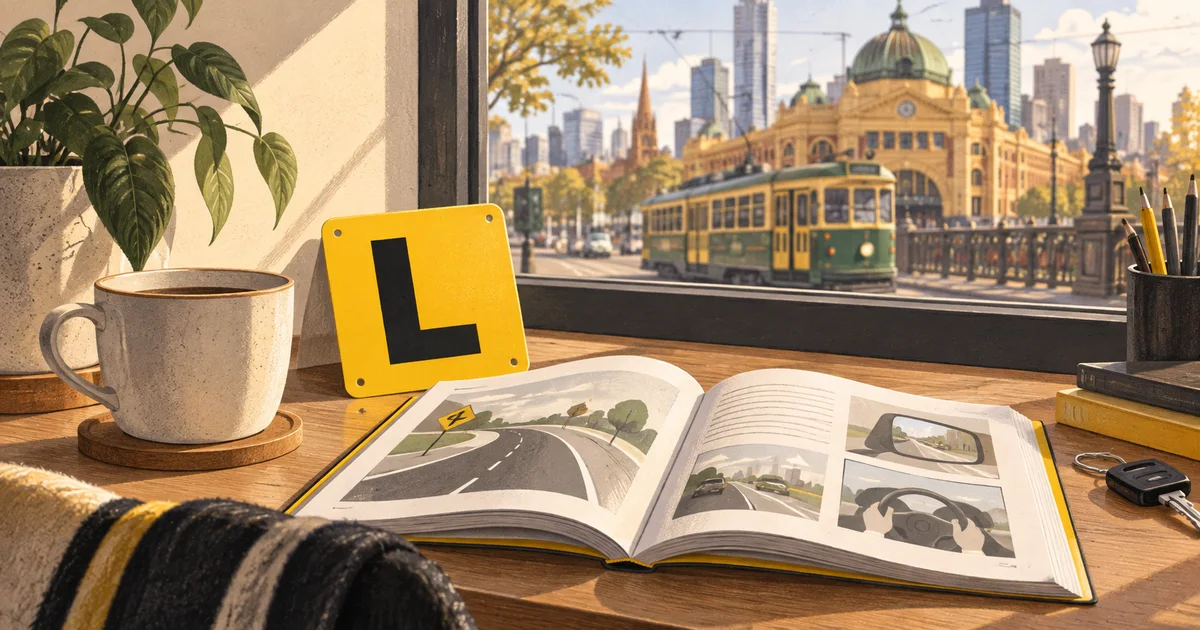 Learner plate and handbook with a Melbourne tram in the background